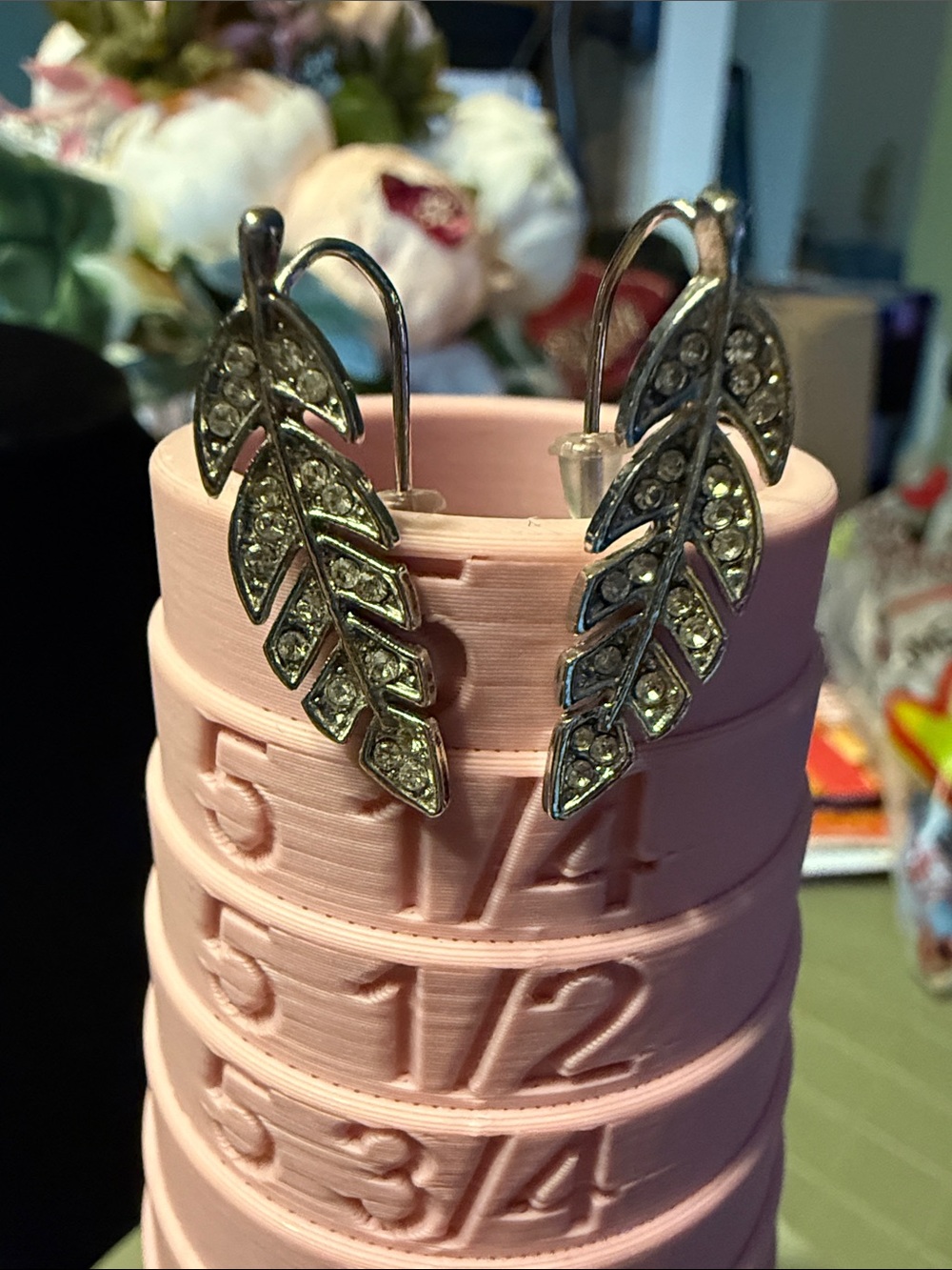 Rhinestone Leaf Drop Earrings - Silver Tone